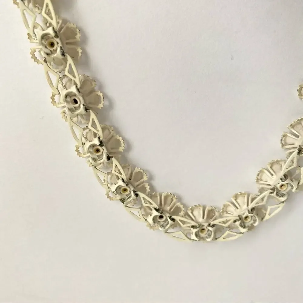 Vintage Floral Necklace Clear Rhinestone Flower Dainty Spring 50s Retro Feminine